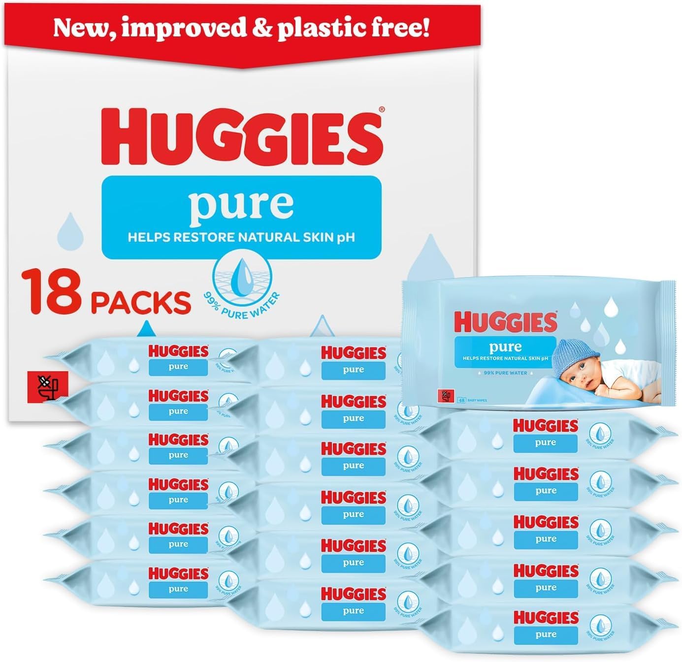 Huggies Pure Plastic Free Baby Wipes - Pack of 18 (864 Wipes) - 99% Water Wet Wipes, Fragrance Free, Hypoallergenic, Better Cleaning, Soft and Gentle on Babies' Delicate Skin