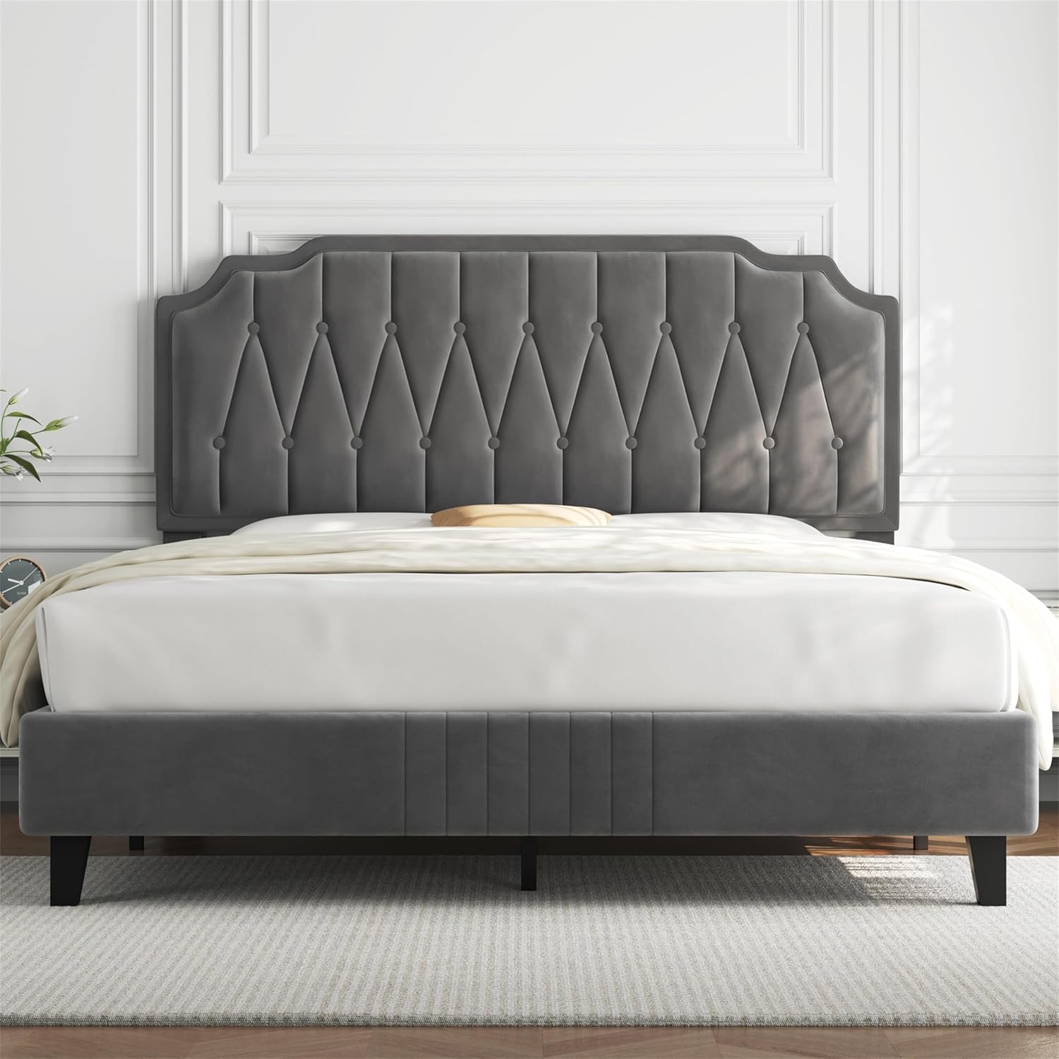 Yaheetech 5ft King Bed Frame Upholstered Platform Bed with Adjustable Button Tufted Headboard/Velvet Fabric/Sturdy Wooden Slat Support/No Box Spring Needed, Dark Grey King Bed