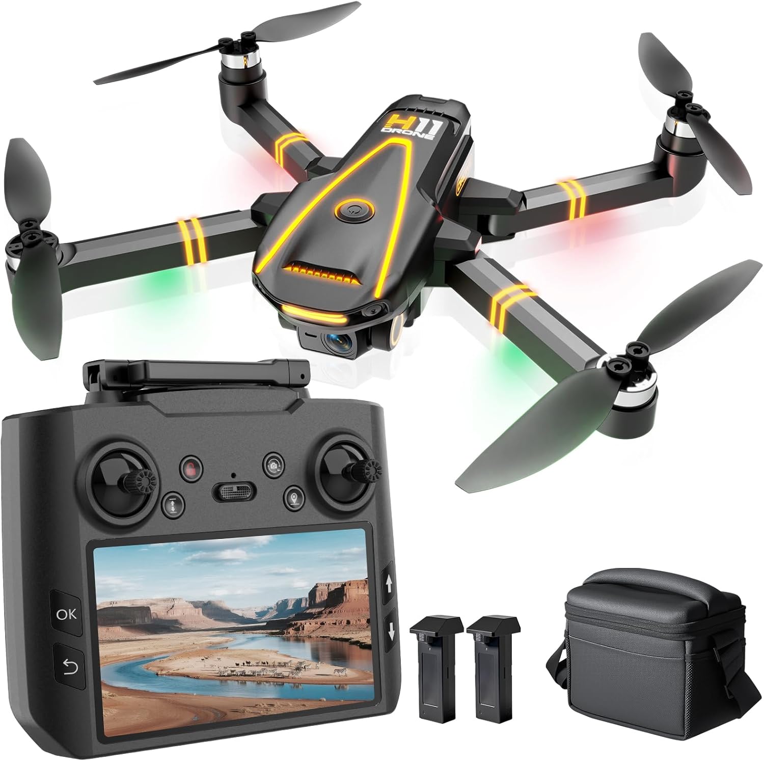 H11 GPS Drones with Camera 4k EIS Professional for Adults & Kids (screen remote controller) RC Quadcopter, Follow Me, Brushless Motor, Auto Return, 2 batteries for 45 min Flight Time, Under 249g