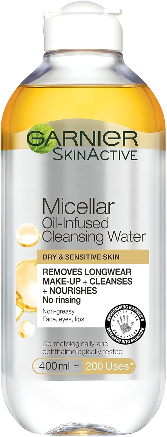 Garnier Micellar Cleansing Water For Dry Skin 400ml, Oil Infused Cleanser & Waterproof Makeup Remover, Recognised By The British Skin Foundation, Use With Reusable Micellar Eco Pads