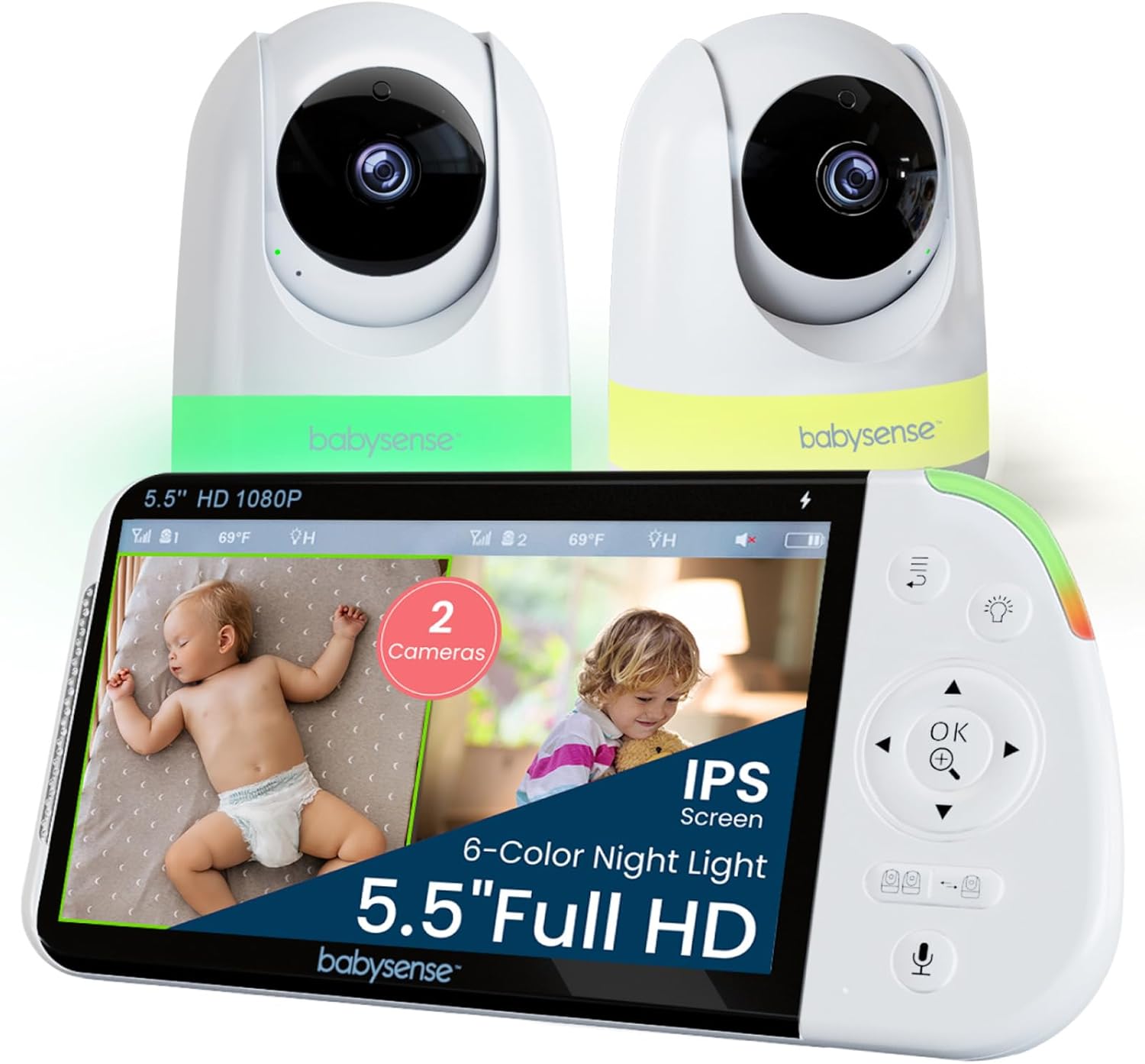 Babysense Full HD Split-Screen Baby Monitor with 2 PTZ Cameras, Two-Way Talk, 6-Color Night Light, 5000mAh Battery, Long Range, 4x Zoom, and Crystal-Clear Audio