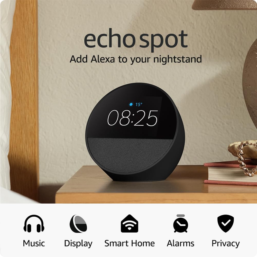 Echo Spot (newest gen), Smart alarm clock with vibrant sound, Black, with Alexa+ Early Access : Amazon.co.uk