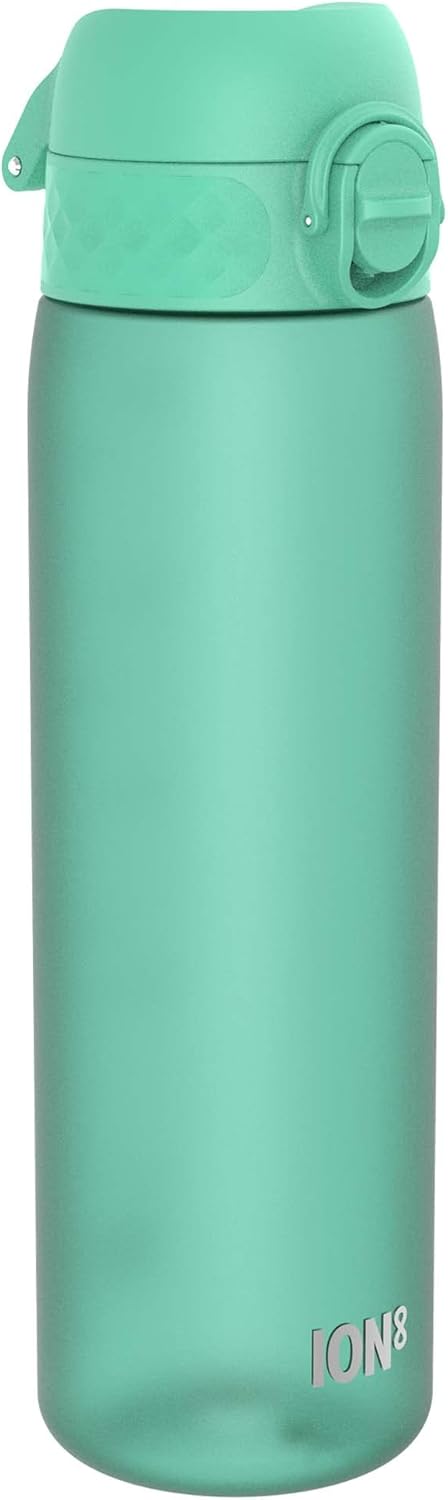 Ion8 Water Bottle, 500 ml/18 oz, Leak Proof, Easy to Open, Secure Lock, Dishwasher Safe, BPA Free, Hygienic Flip Cover, Carry Handle, Fits Cup Holders, Easy Clean, Carbon Neutral, Teal Green