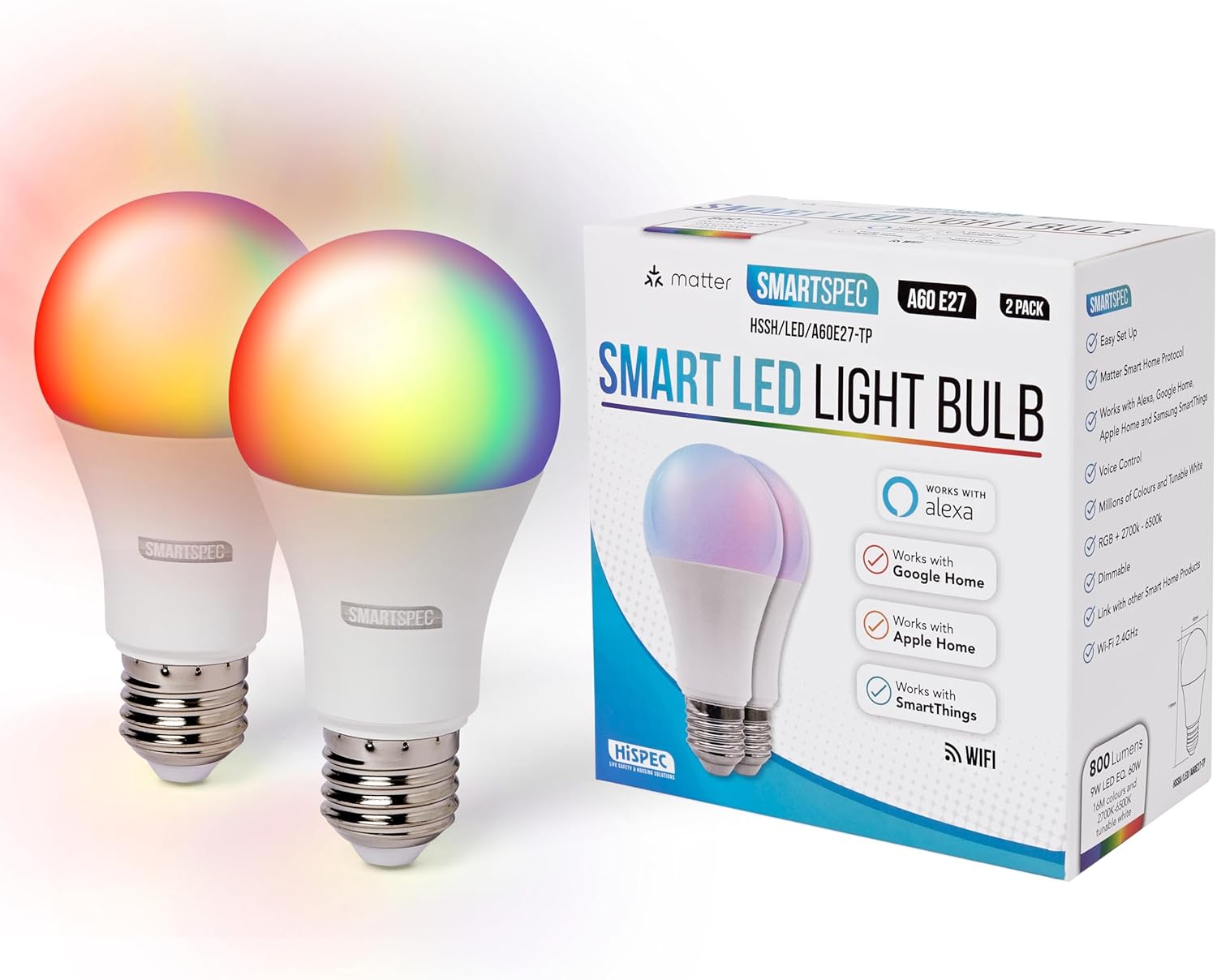 Smart Bulb 2 Pack, Smart WiFi LED Light. Works with Amazon Alexa, Google Home, Apple Home. Colour Changeable. Multicolour Smart Light Bulb NUUK-A60 ACK Matter E27