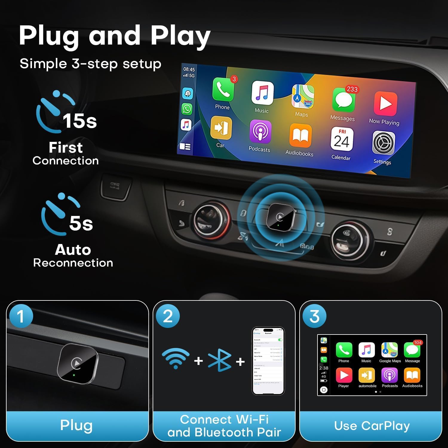 2025 Upgraded Wireless CarPlay Adapter,Effortlessly Convert Wired to Wireless CarPlay,Suitable for cars with carplay,Compatible with iPhone iOS 10+ & Android Auto,Mini&Stable Car Play Wireless Adapter