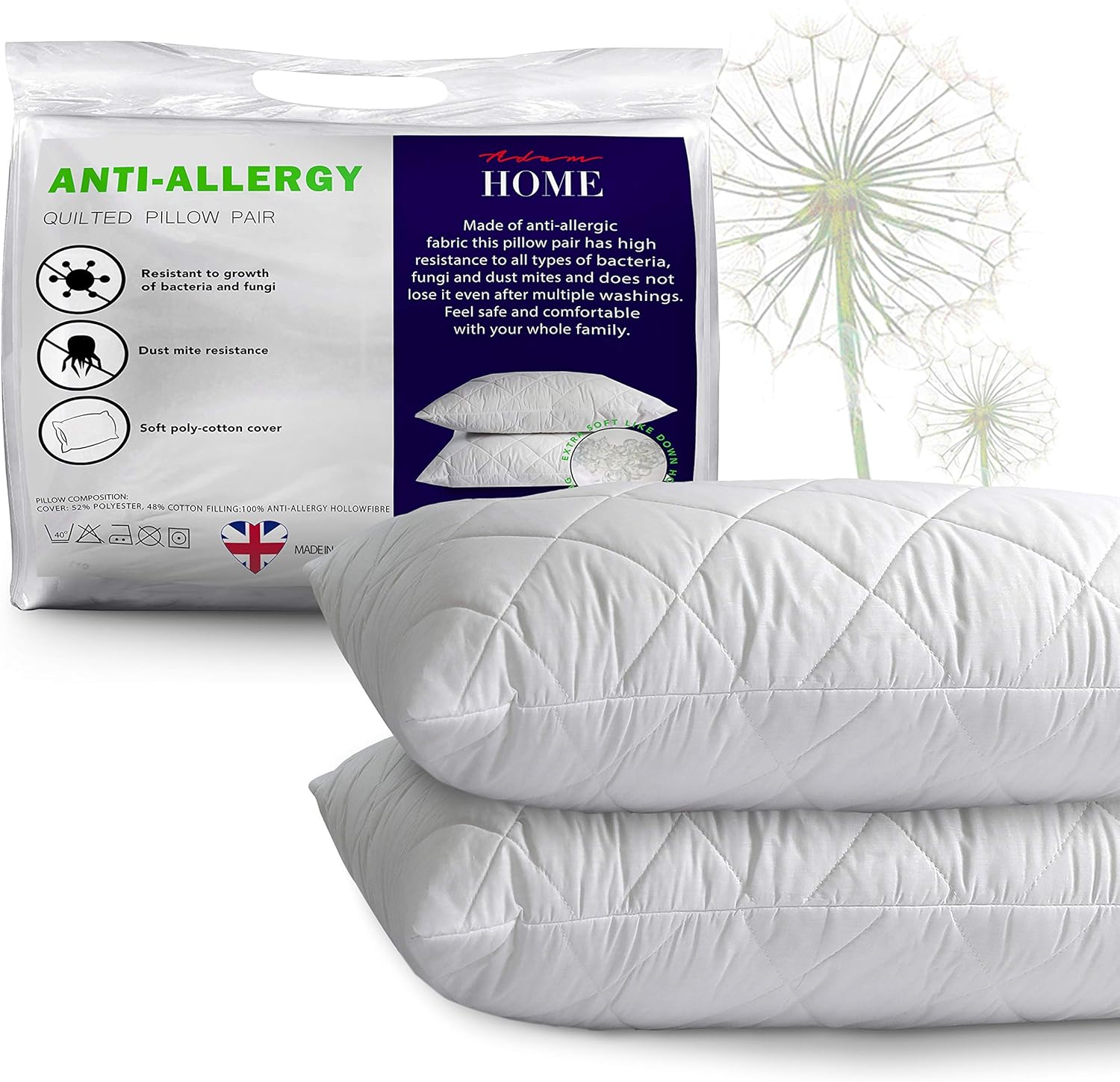 Adam Home Pillows 2 Pack Hotel Quality with Quilted Cover Hypoallergenic & Dust Mite Resistant Filling – Ideal for Stomach, Back and Side Sleepers Down Alternative Hotel Pillows : Amazon.co.uk: Home & Kitchen