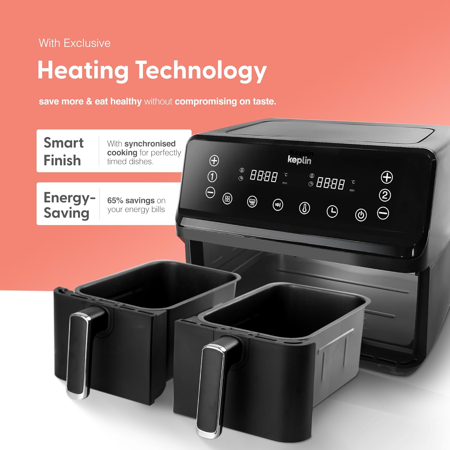 Keplin 9L Dual Zone Air Fryer - 8 in1 Cooking Functions - 2700W Energy-Saving Cooker - Extra-Large Capacity for Healthy Meals - Roast, Bake, Dehydrate, Reheat,- Family Size (9L)- 2 Years Warranty