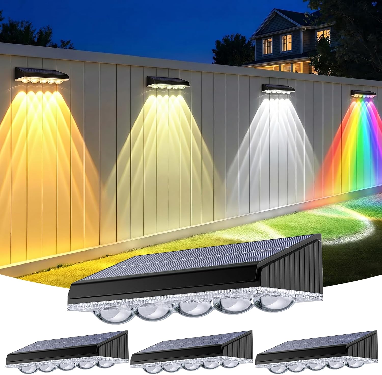 GEARLITE Solar Fence Lights 4Pack, 5-Convex Lens Solar Lights Outdoor Garden, Warm/Warm White/Cool White & RGB 9 Colors 10 Modes Garden Fence Solar Lights, Outside Wall Light for Yard Pathway Pool [Energy Class A+++]