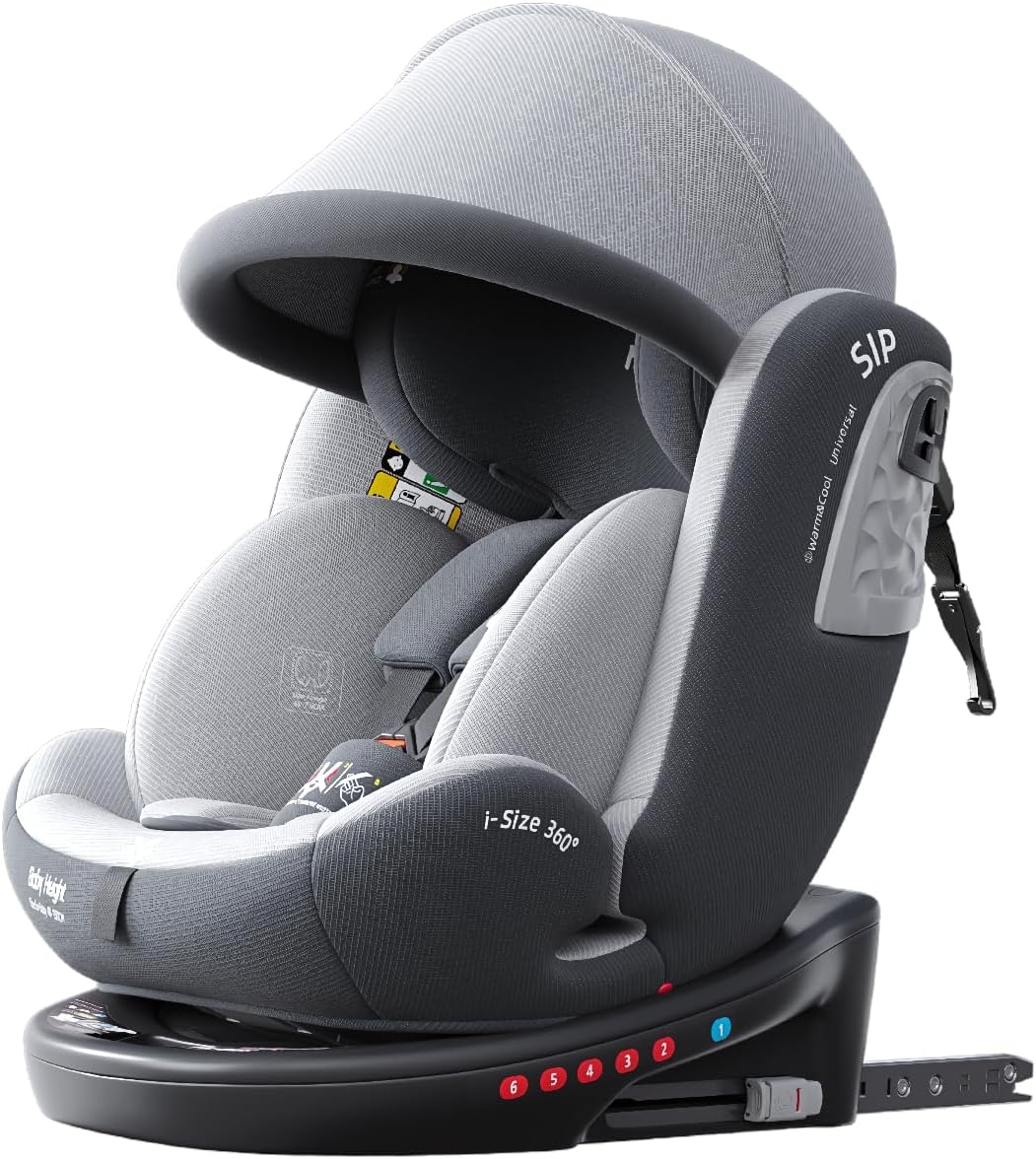 Heekin 360 Spin Baby car seat with ISOFIX for Child 40-150 cm(0-36kg),0-12 Years,Group 0+/1/2/3,Rear Facing with 5 Recline Positions,with a Sunshade, R129 Certification(Grey)