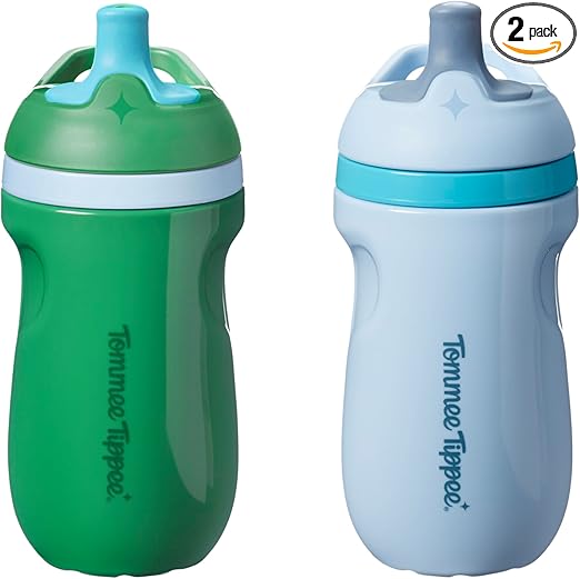 Tommee Tippee Insulated Sporty Spout Non-Spill Toddler Cup, 266ml, 12m+, Pack of 2, with Leak-Proof Valve and Handle, in Fun Bright Colours, Blue & Green