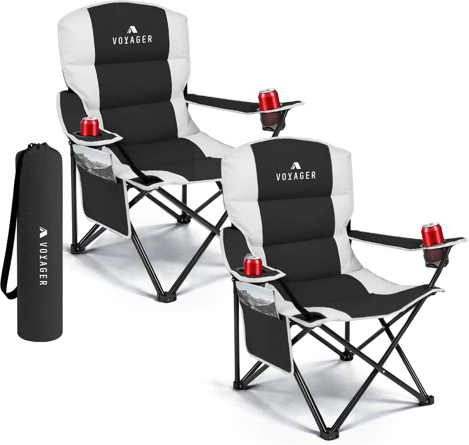 Voyager Folding Camping Chairs 2 Pack with Cooler Bag, Lightweight Q195 Steel Frame, 600D Oxford Fabric, Portable & Comfortable - Black (Black, Padded) : Amazon.co.uk: Sports & Outdoors