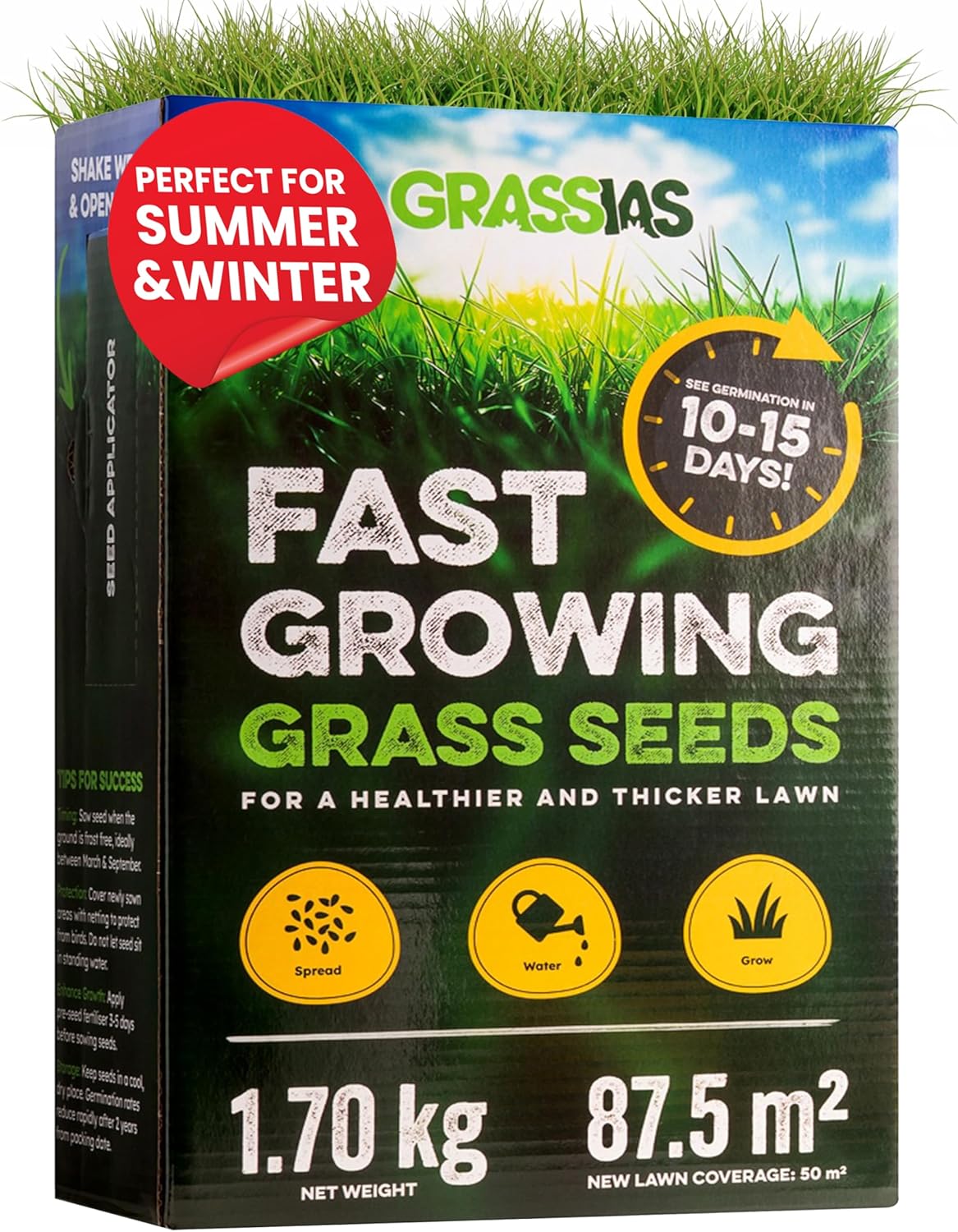 Grassias Fast Growing Grass Seed – 1.70KG Premium Quality Lawn Seed for Overseeding & New Lawns – Hard Wearing & Pet Friendly - Perfect for UK Lawns - Winter & Defra Approved : Amazon.co.uk: Garden