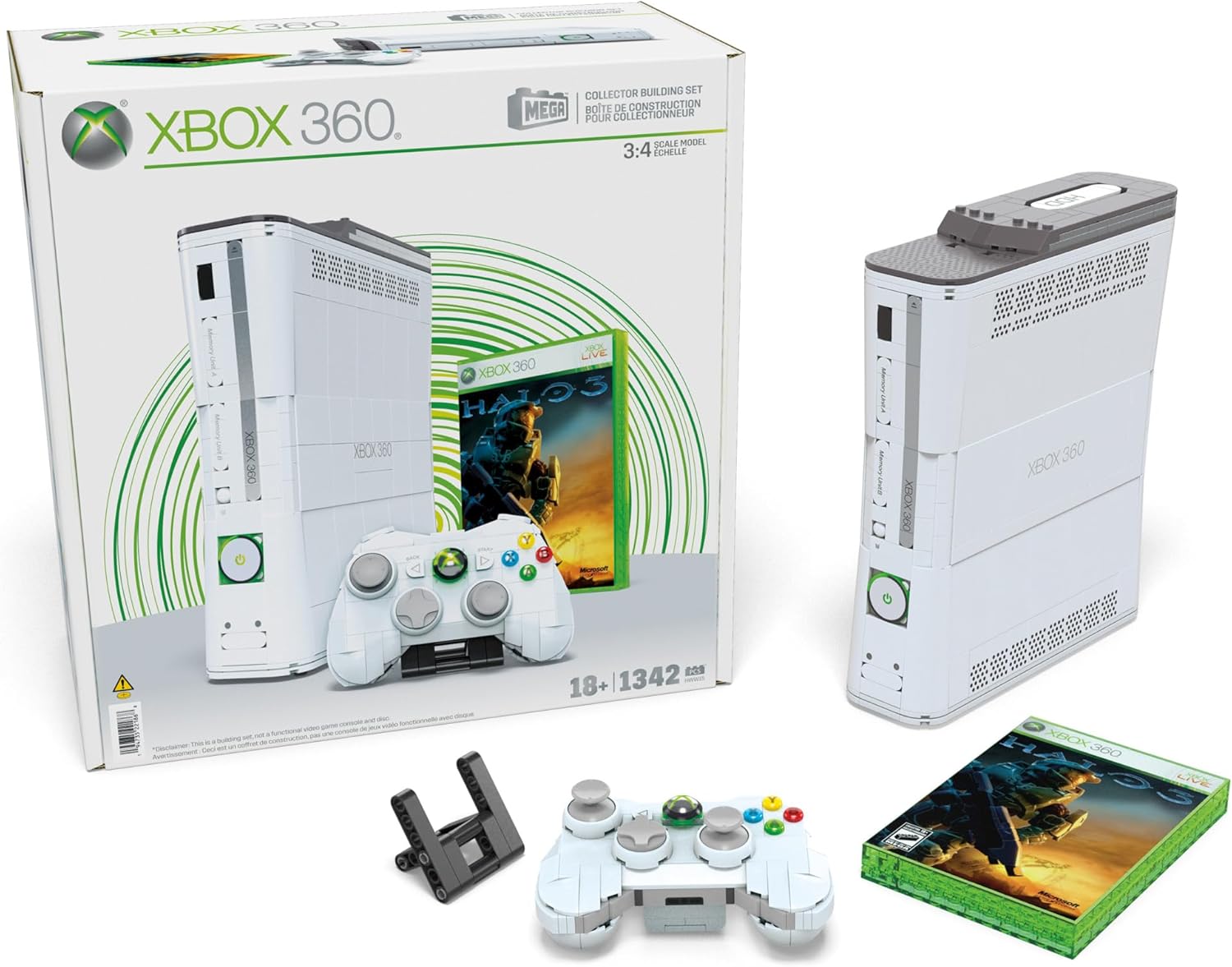 MEGA Microsoft Collectible Building Set, Xbox 360 Replica Model with 1342 Pieces, Controller and LED Lights, Build & Display Toy for Adult Collectors, HWW15