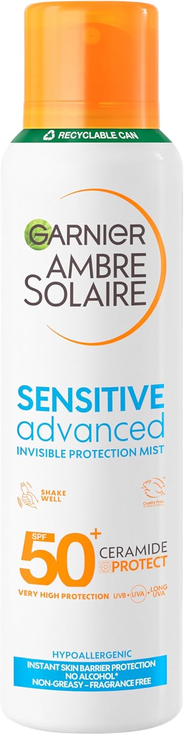 Garnier Ambre Solaire Sun Cream Spray SPF 50+ Sensitive Advanced Dry Mist, Water Resistant & Non Greasy Sunscreen, Fragrance Free, UVA & UVB Protection, 150ml
