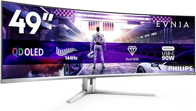 Philips Evnia 49M2C8900L - 49 Inch DQHD OLED Curved Gaming Monitor, 144 Hertz, 0.03ms GtG, HDR400, Ambiglow, FreeSync Prem. Pro (5120x1440, HDMI 2.1, DisplayPort 1.4, USB-C, USB Hub) White
