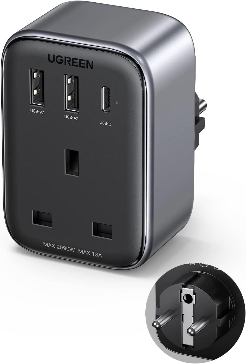 UGREEN UK to European Plug Adapter PD 30W Travel Adapter with USB C GaN Fast 4-in-1 Travel Plugs UK to EU for Germany France Spain Iceland Greece Poland Portugal Austria Netherlands Turkey