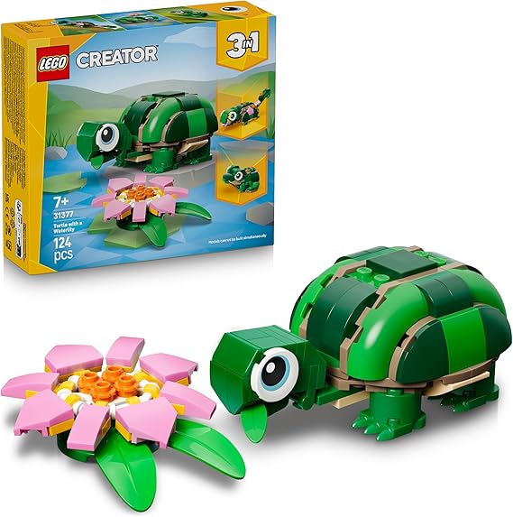 LEGO Creator 3in1 Turtle with a Water Lily Flower Toy - Animal Figure Transforms into a Chameleon or Frog - DIY Desk Decor Idea - Birthday Gift for 7+ Year Old Girls & Boys - 31377