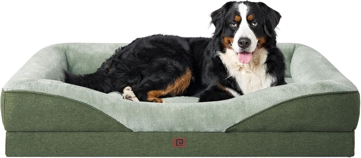 EHEYCIGA Memory Foam Dog Beds XXXL, Orthopedic Giant Dog Beds Sofa with Sides and Waterproof Liner, Pet Couch with Washable Removable Cover and Non-Slip Bottom, 132x104x20cm, Sage Green