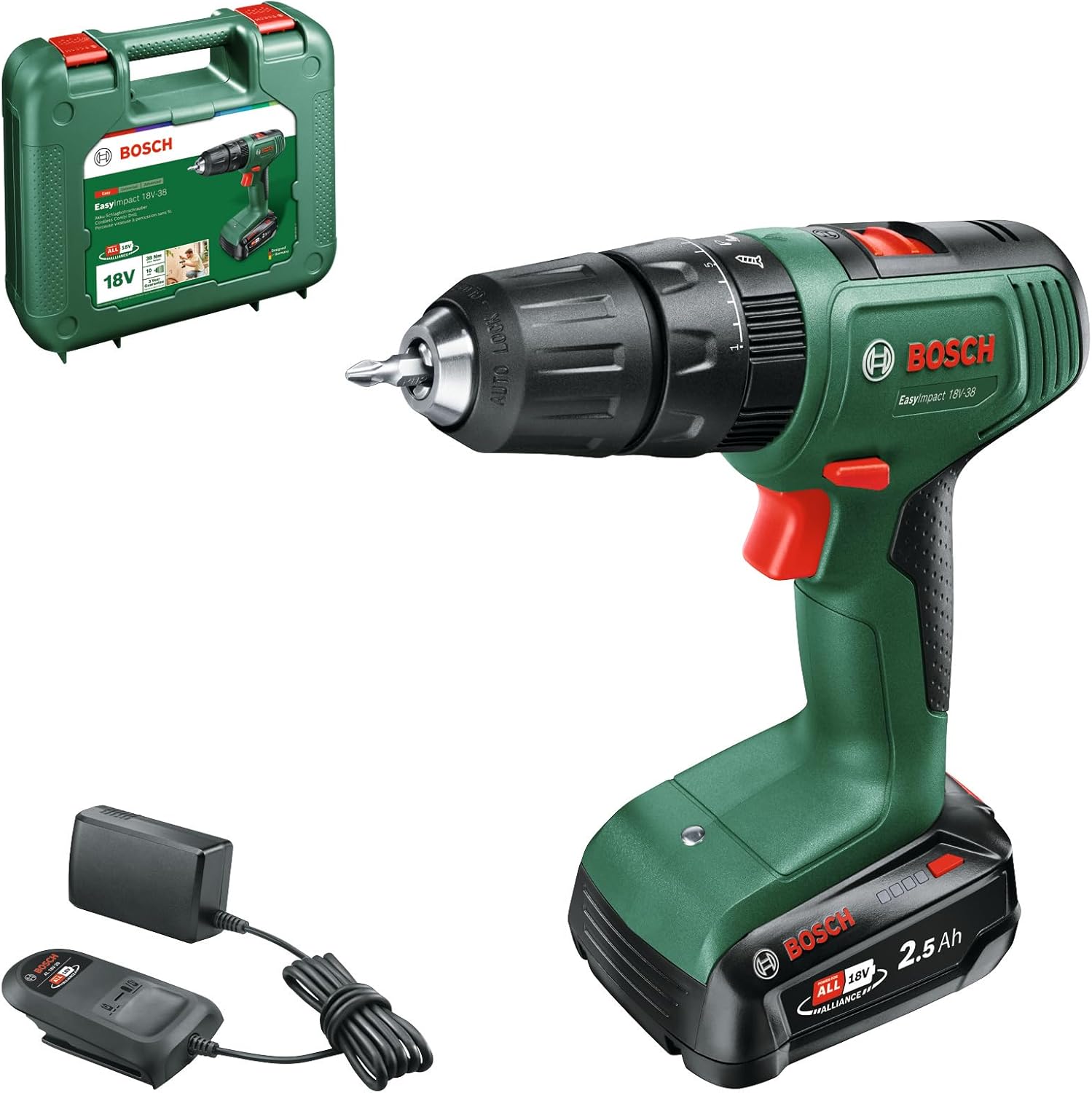 Bosch EasyImpact 18V-38 Cordless Combi Drill (1 × 2.5 Ah Battery, 18V System, Carrying Case), Green