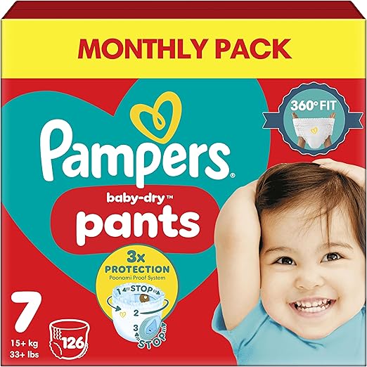 Pampers Baby-Dry Nappy Pants Size 7, 126 Nappies, 15kg+, Monthly Pack, 360° Fit To Help Prevent Gaps And Leaks