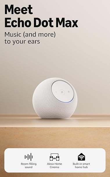 Amazon Echo Dot Max (newest gen), Bluetooth speaker with room-filling sound and built-in smart home hub, Glacier White, with Alexa+ Early Access