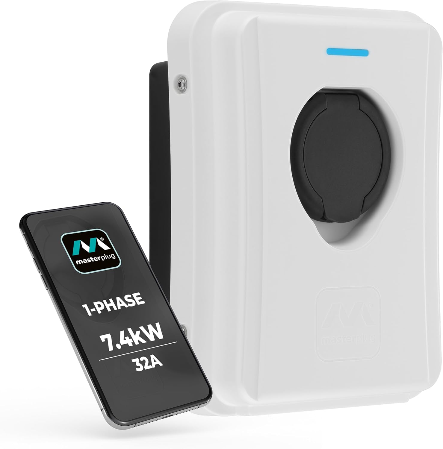 Masterplug Smart EV Home Wall Charger for Type 2 Electric and Plug-In Hybrid Vehicles, Socketed, Mode 3, Auto-Lock, Solar Charging, Single Phase, Wi-Fi, White, IP65, 7.4kW, 32A, EVCM3SS7W-MP