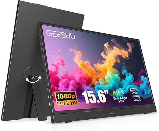 GEESUU Portable Monitor 15.6", 1080P FHD IPS Second Screen with 90° Rotating Kickstand, Portable Monitor for Laptop/PC/Mac/Xbox, Plug & Play Travel Monitor with Dual Speakers HDMI/Usb-C/Type-C Port : Amazon.co.uk: Computers & Accessories