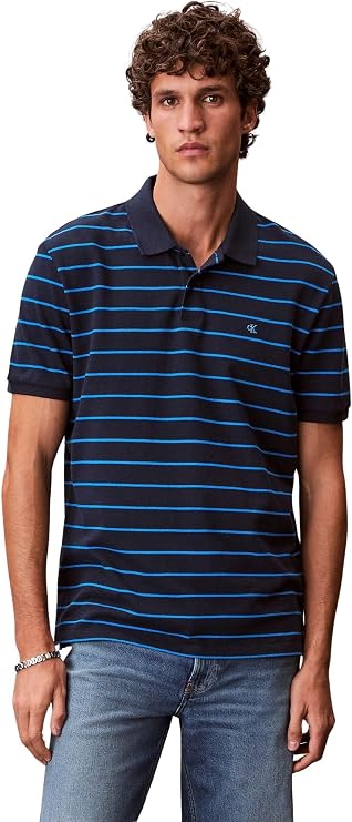 Calvin Klein Men's Ss Striped Pique Monogram Polo Lv04rf216g Polos
