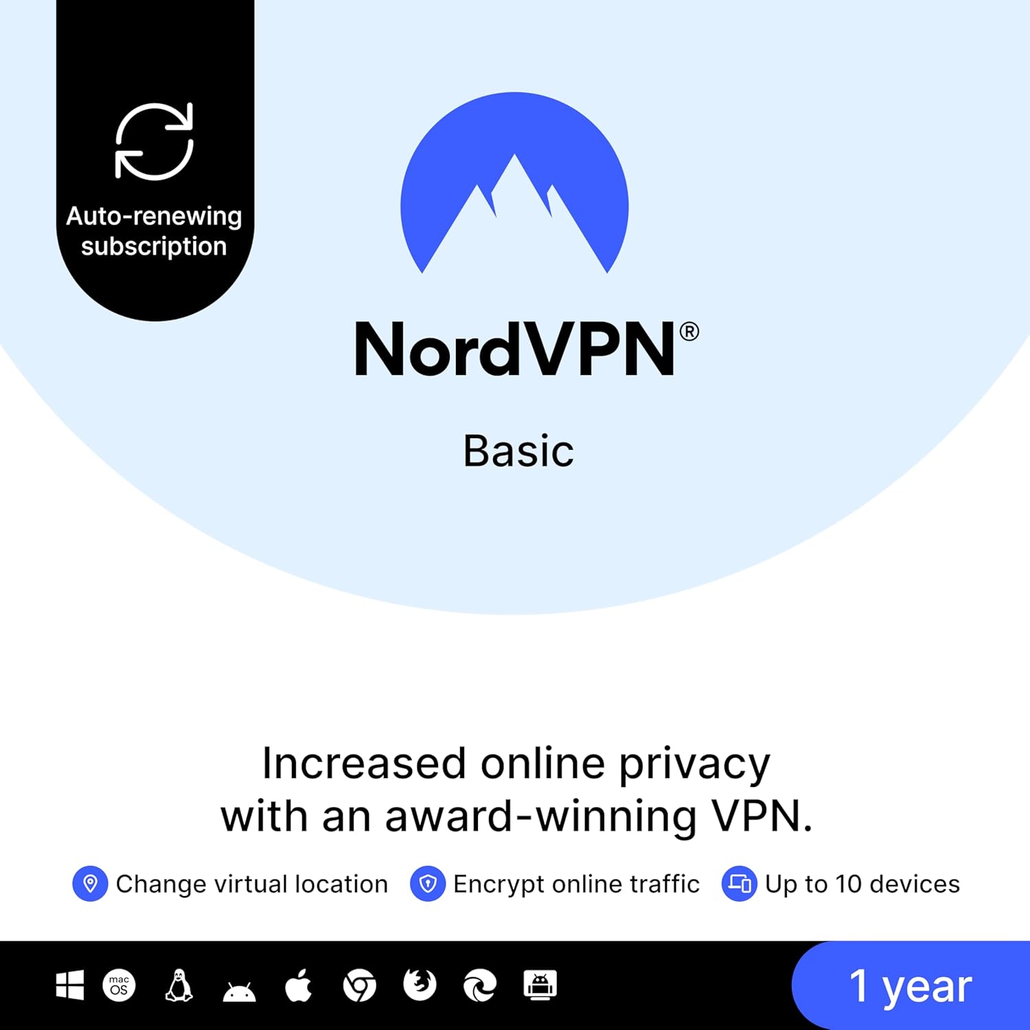 NordVPN Basic, 10 Devices, 1-Year, Premium VPN Software, Amazon Subscription