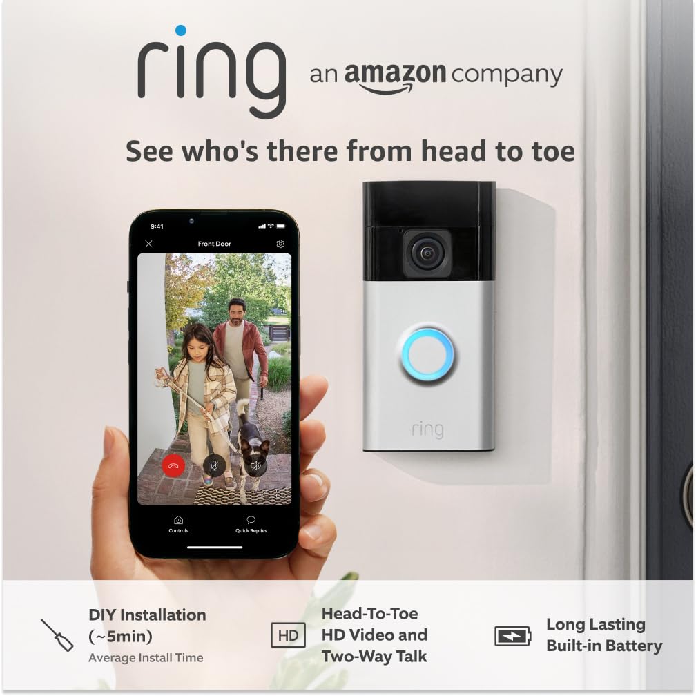 Ring Battery Video Doorbell | DIY Wireless Video Doorbell Camera with Head-To-Toe View, HD Video | Easy to install (5 min) | With Built-in Battery I 30-day free trial of Ring Subscription Plan : Amazon.co.uk