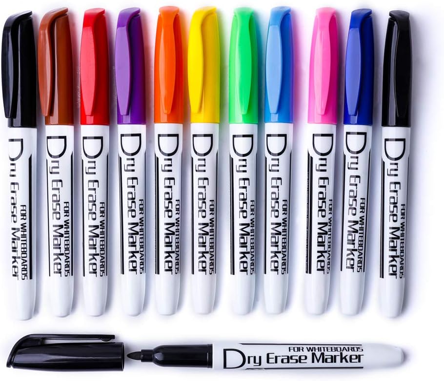 Volcanics Dry Wipe Pens Whiteboard Markers Dry Erase Pens Low Odor Fine TipThin Box of 12, 10 Colours