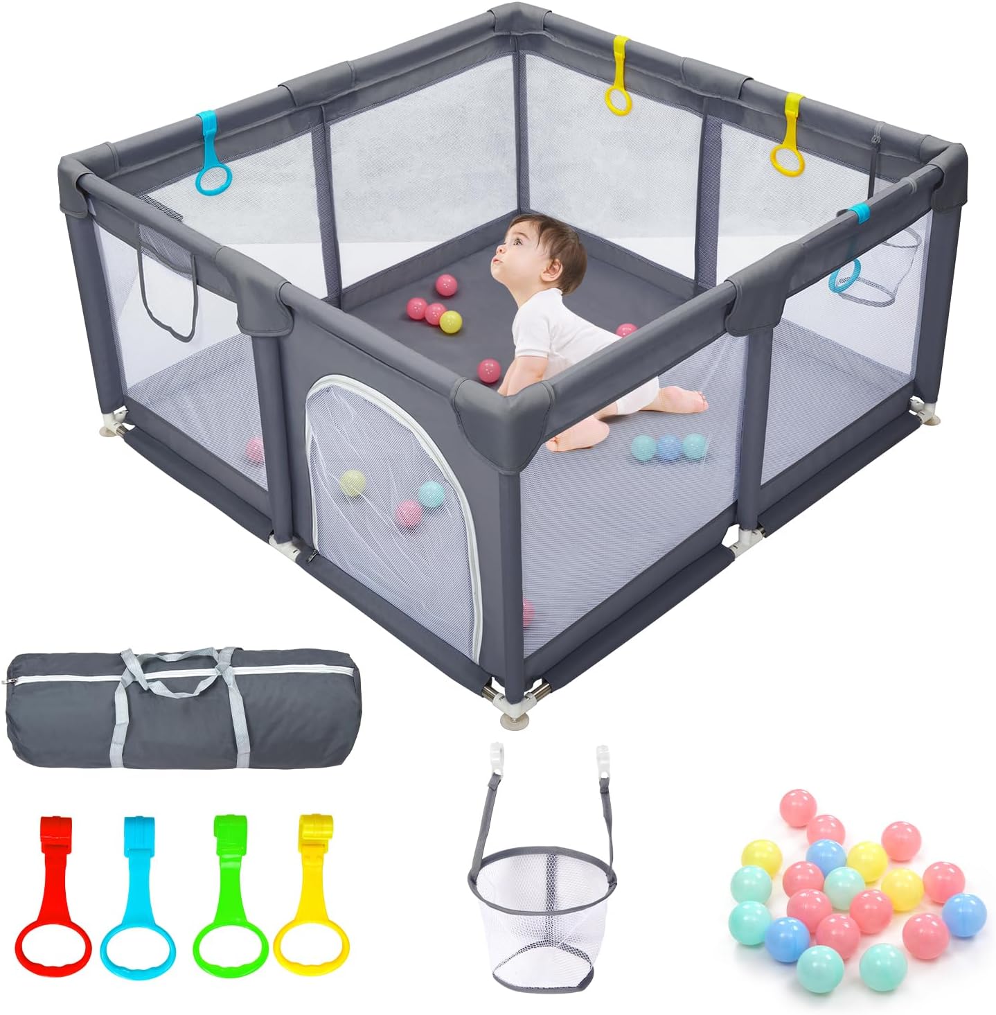 CHOLY Baby Playpen for Babies and Toddlers, Durable Play Pen with Visible Breathable Mesh, Foam Protection, Easy to Assemble Infant Fence with Travel Bag -128 ×128cm (Dark Grey, 128x128cm Bag)