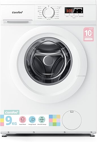 COMFEE; Freestanding Washing Machine,9KG Load,1400RPM,Steam Wash,Slim Design,Quick Wash,BLDC Durable Inverter Motor,White-CFE12EW90/W